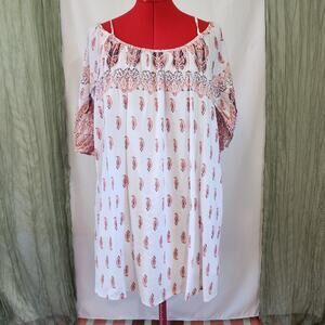 Lovoosh White Red Off the Shoulder Tunic Boho Dress‎ Size L